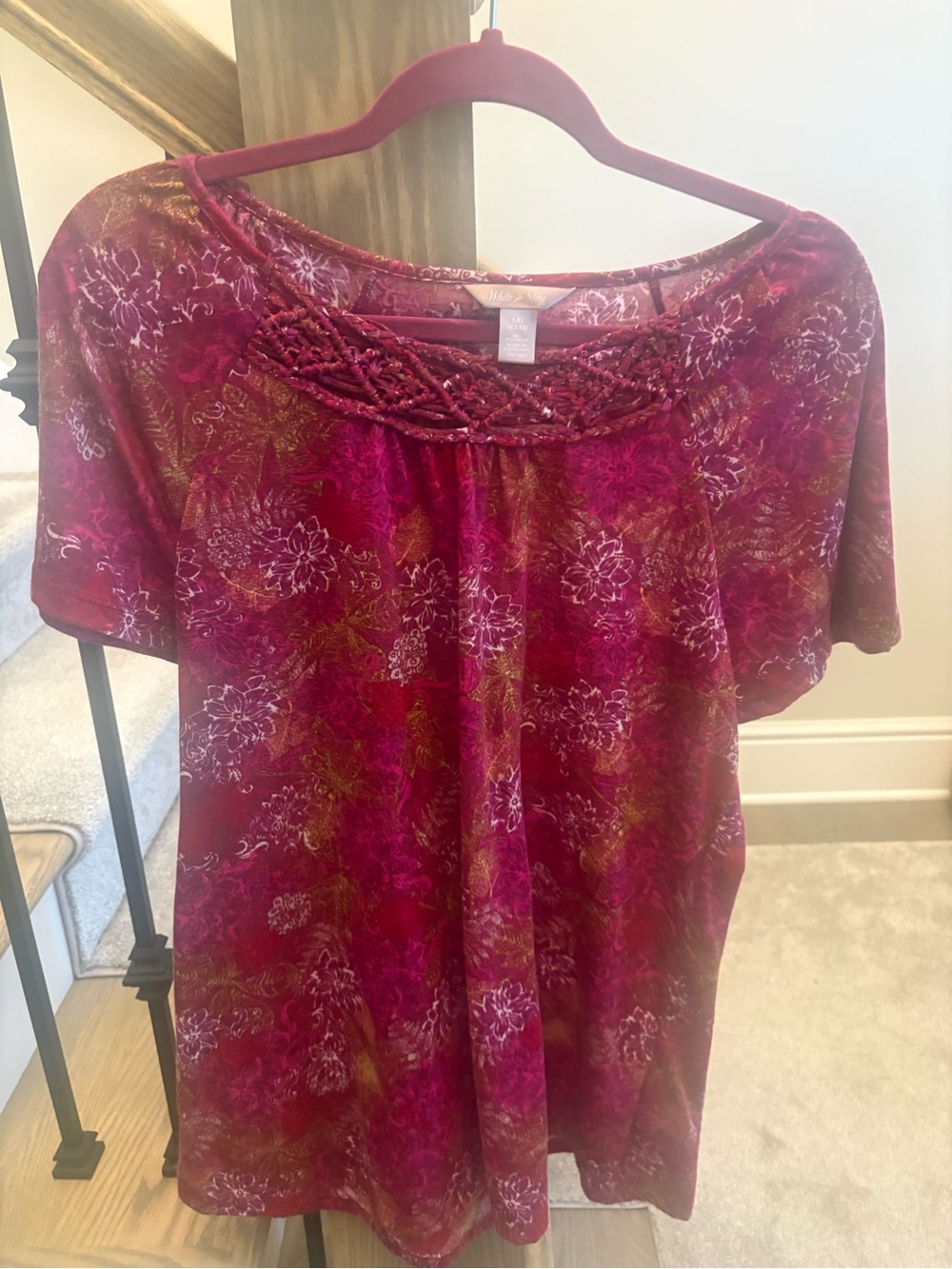 White Stag Raspberry Floral Short Sleeve Top with Braided Neckline